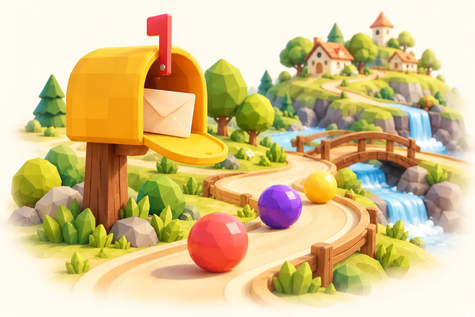 Colourful racing balls bringing a letter to a golden mailbox in a little hilltop village.